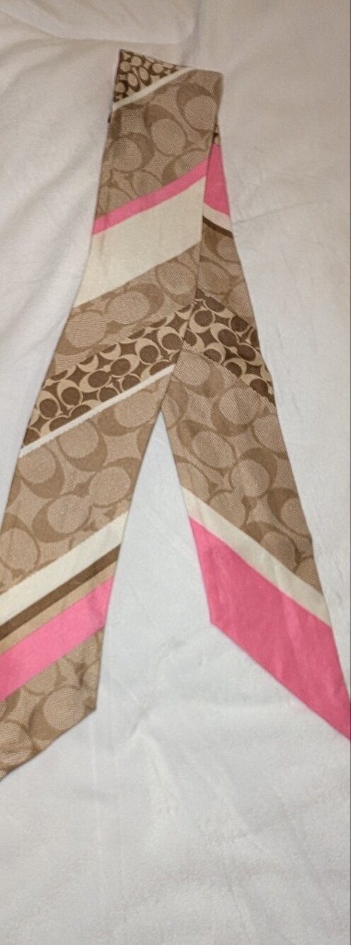 Coach Silk Jacquard Skinny Bag Scarf Pink Khaki LNC